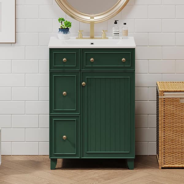 24 in. W Forest Green Bath Vanity with White Ceramic Top, 2-Drawers and Soft-Close Door