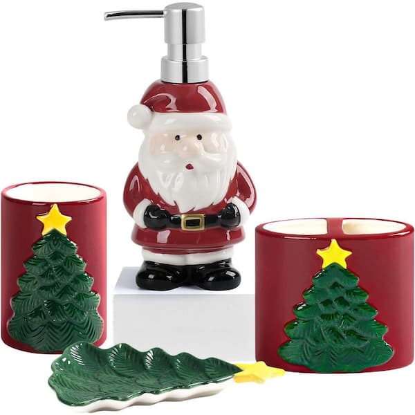 Christmas 4-Piece Bathroom Accessory with Soap Dish, Soap Dispenser, Toothbrush Holder and Tumbler in Red