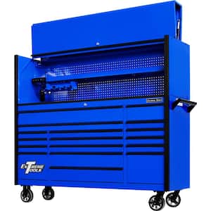DX Series 72 in. Professional Hutch and 17-Drawer Roller Cabinet Combo, 100 lbs. Slides, Blue with Black Drawer Pulls