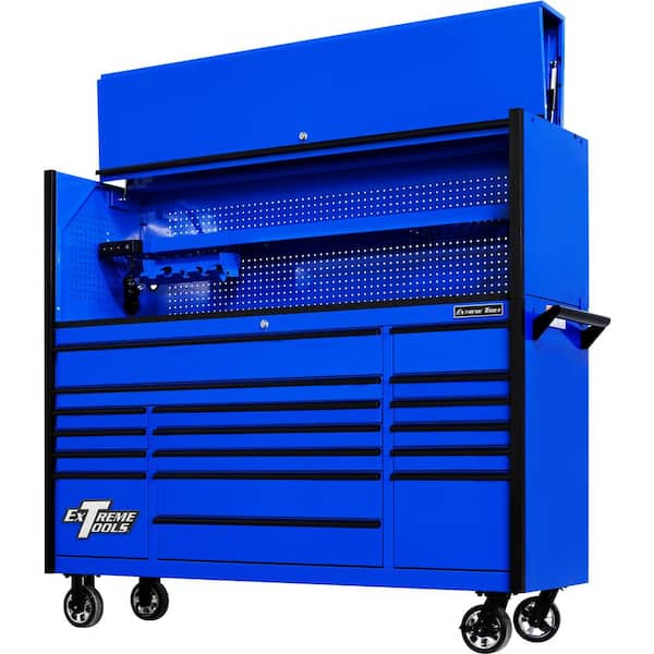 Extreme Tools DX Series 72 in. Professional Hutch and 17-Drawer Roller Cabinet Combo, 100 lbs. Slides, Blue with Black Drawer Pulls