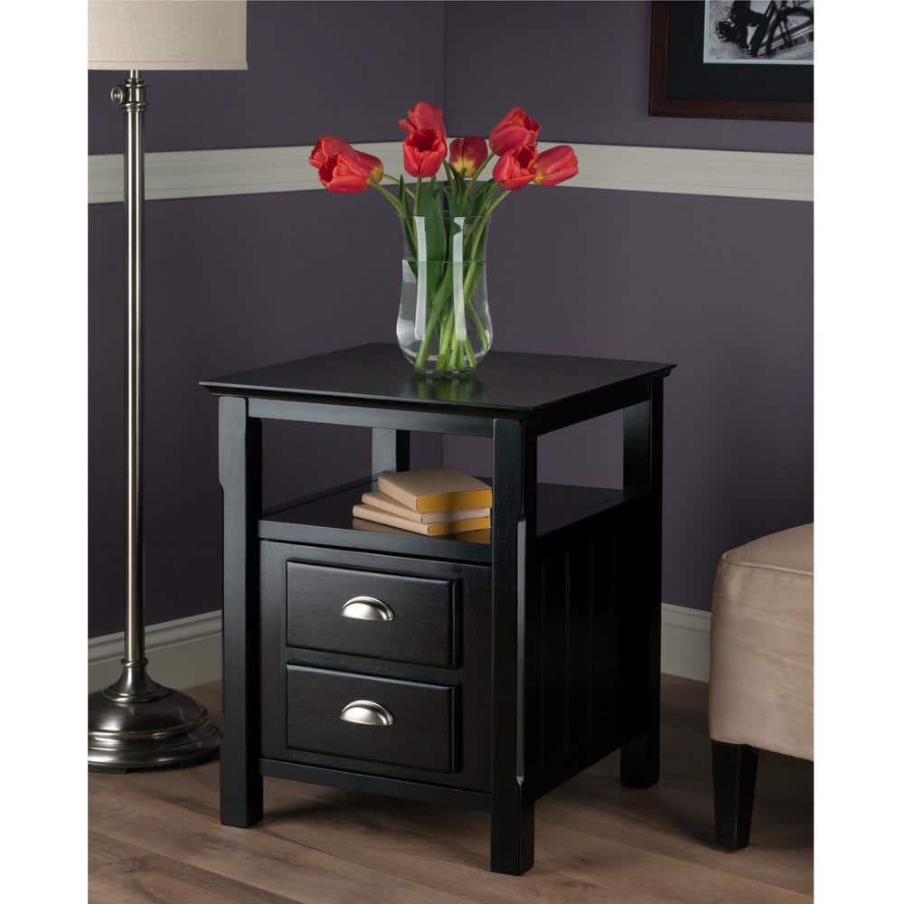 Transitional Black Solid Wood 2-Drawer Night Stand