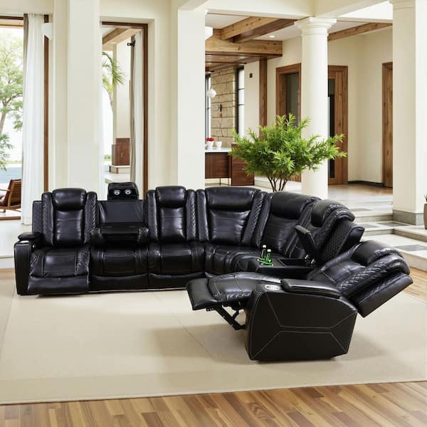 210 in. Overall Straight Arm Leather L-Shape Recliner Sofa Set in Black, 6 Seats Sectional with USB, Wireless Charging