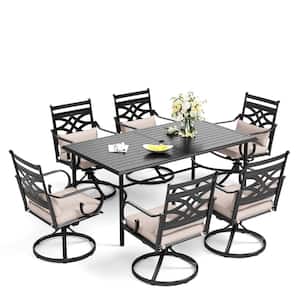 7-Piece Metal Outdoor Dining Set with Slat Table-top and Cast Iron Pattern Swivel Chairs with Beige Cushions