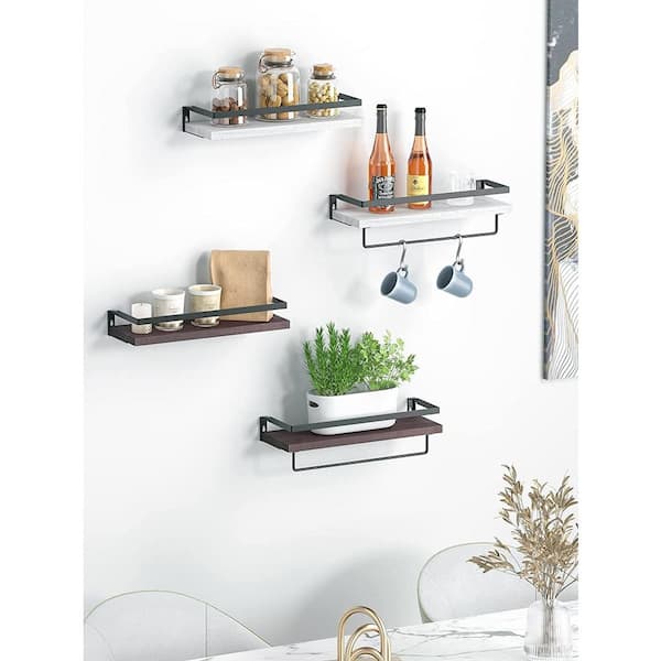 Floating Shelves Set of 2-For Coffee Bar, Bathroom Shelves with Towel Bar, Wall Shelves with 8 Hooks for Kitchen