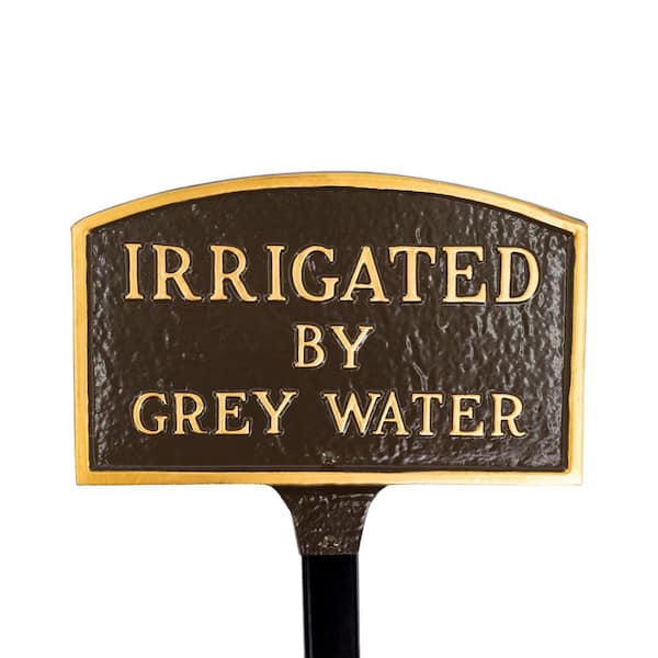 Montague Metal Products 5.5 in. x 9 in. Small Arch Irrigated by Grey Water Statement Plaque Sign with Lawn Stake - Oil Rubbed/Gold