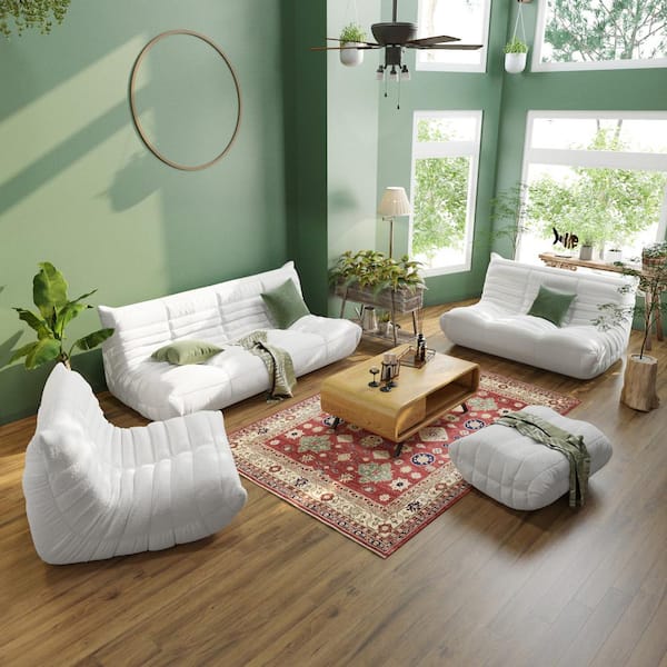 J&E Home 68.9 in. W Armless Teddy Velvet 4-piece Modular Lazy Floor Sectional Sofa with Ottoman in Beige