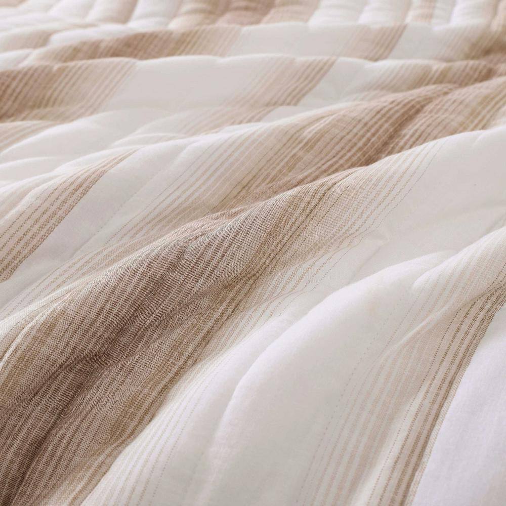 Beige Striped Full Cotton Reversible Quilt Set