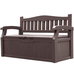 80 Gal. Brown Outdoor Storage Bench Plastic Deck Box with Back and Armrest