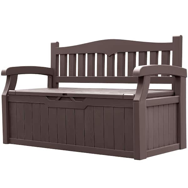 Tozey 80 Gal. Brown Outdoor Storage Bench Plastic Deck Box with Back ...