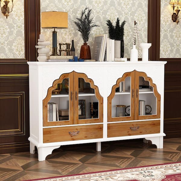White Finished Wooden 60.2 in. Width Classical Sideboard, Storage Cabinet, Bookcase with 4-Shlef, Tempered Glass Doors