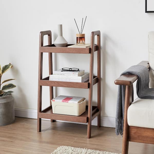 Harper & Bright Designs 17.72 in. Walnut Trapezoid Specialty Oak 100% Solid Wood End Table with 3-Tier Shelves
