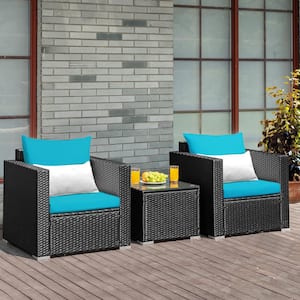 3-Piece Wicker Patio Conversation Set with 2 Turquoise Cushioned Sofas and Coffee Table for Outdoor