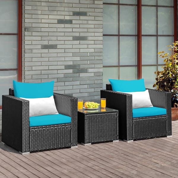 3-Piece Wicker Patio Conversation Set with 2 Turquoise Cushioned Sofas and Coffee Table for Outdoor