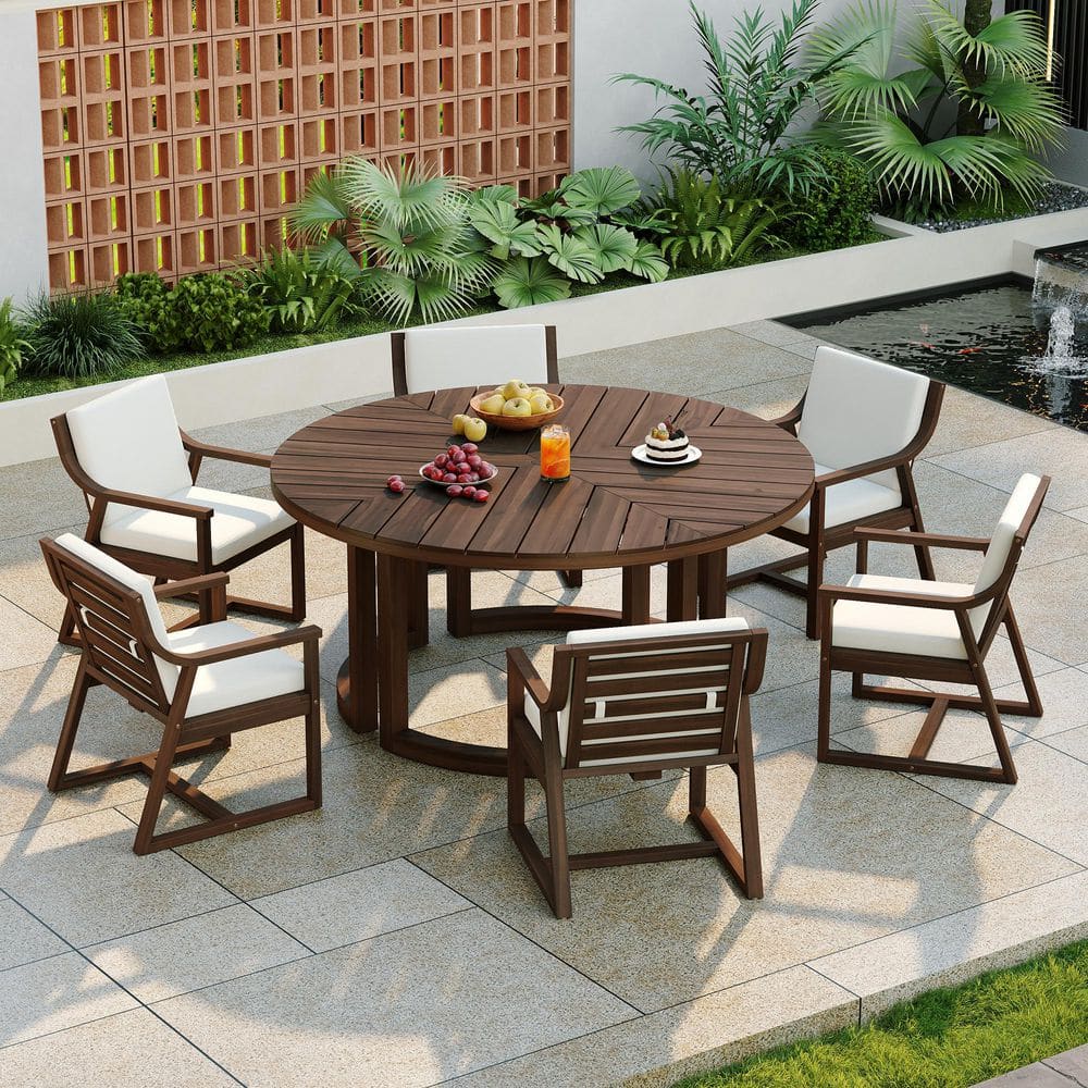Mocha 6-Piece Wood Outdoor Dining Set with Beige Cushion price history on PriceWatchPro