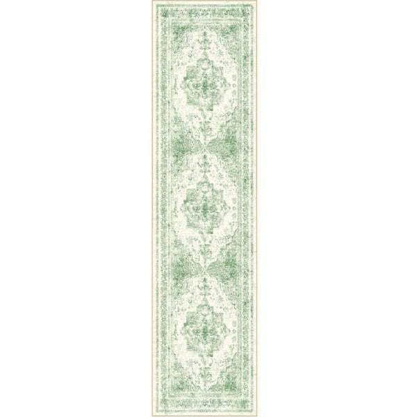 HaiiMeid Persia Green 2 ft. x 8 ft. Vintage Medallion Distressed Runner Rug