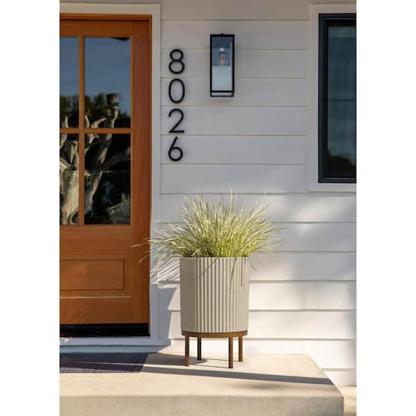 Demi 16 in. Raised with Stand Round Sand Plastic Planter with Brown Stand (2-Pack)