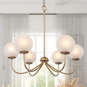 Modern Deep Gold 6-Light Chandelier 27 in. Classic Globe Candlestick Frosted Glass Shades High Ceiling Light