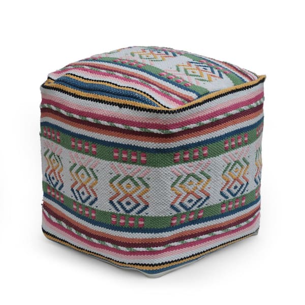 Noble House Rawson White, Pink, and Multi-Blue Peruvian Print Cube Pouf