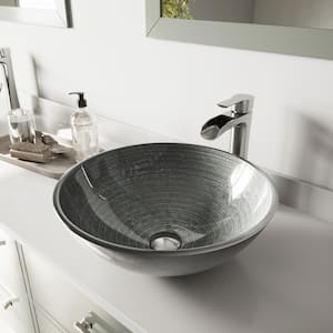 Glass Round Vessel Bathroom Sink in Silver with Niko Faucet and Pop-Up Drain in Brushed Nickel