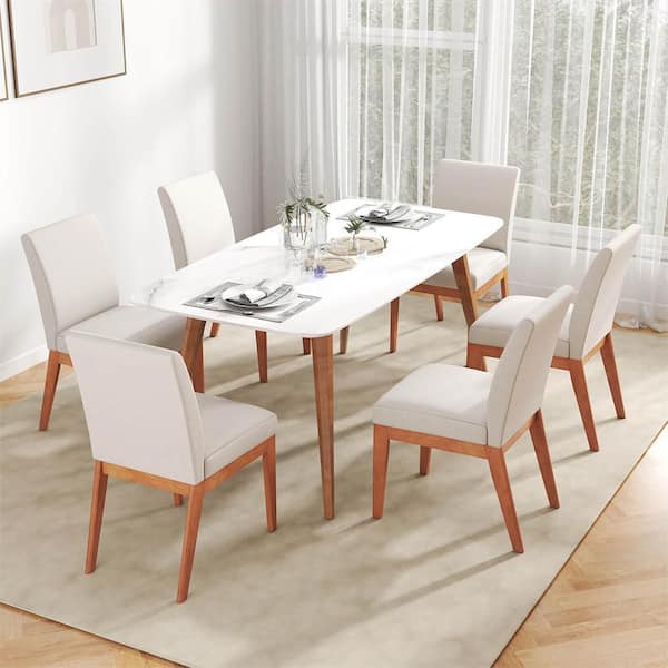 Modern Beige Polyester Upholstered Dining Chair Set of 4 Dining Chair with Rubber Wood Legs and Padded Seat