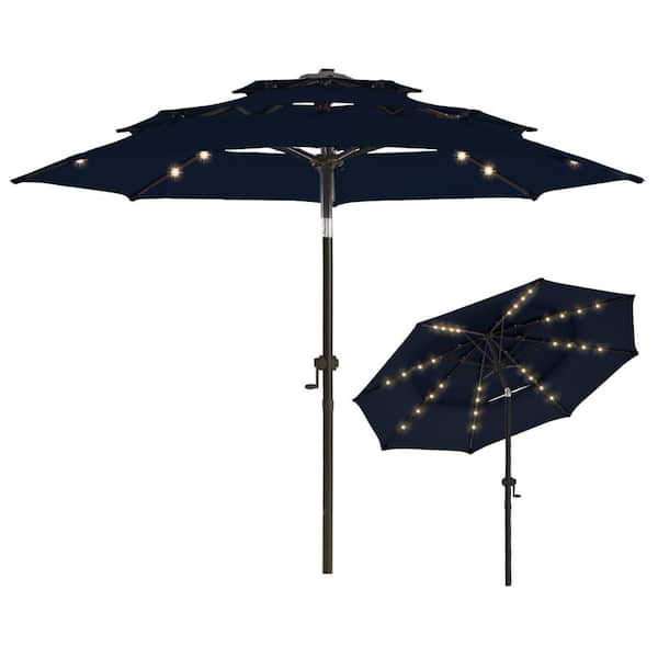 PASAMIC 9 ft. 3-Tier Solar Led Lighted Market Patio Umbrella with Push Button Tilt in Navy Blue