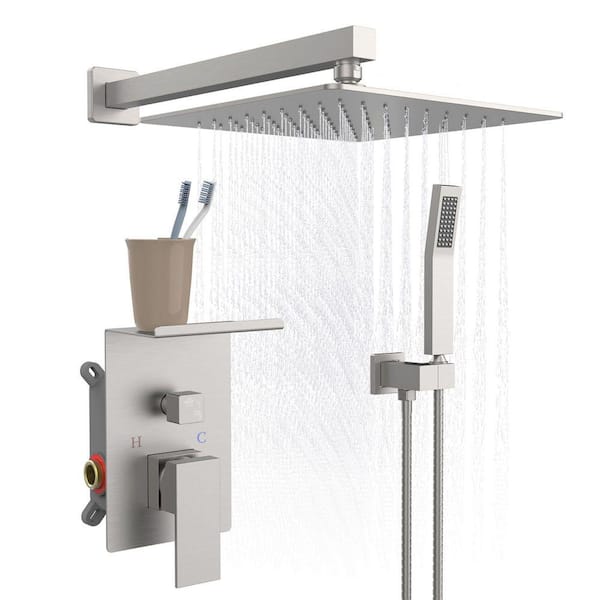 Single Handle 1-Spray Wall Mounted Shower Faucet 1.8 GPM with Ceramic Disc Valves 10 Inch Shower Kit in Brushed Nickel