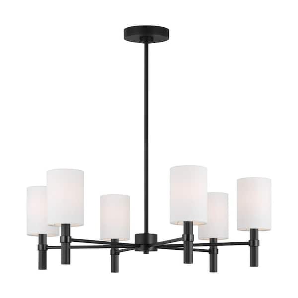 SCOTT LIVING - Manor 6-Light Midnight Black Large Chandelier with White Linen Fabric Shades and No Bulbs Included