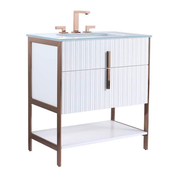 FINE FIXTURES 30 in. W x 18 in. D x 33.5 in. H Single Sink Bath Vanity in White with Glass Vanity Top in White with Gold Hardware