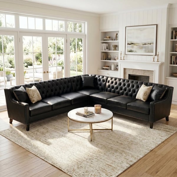 Riley Chesterfield Sofa 103.15 in. Faux Leather L-Shaped Sectional Sofa in Black with Tufted Back, Nailhead Trim