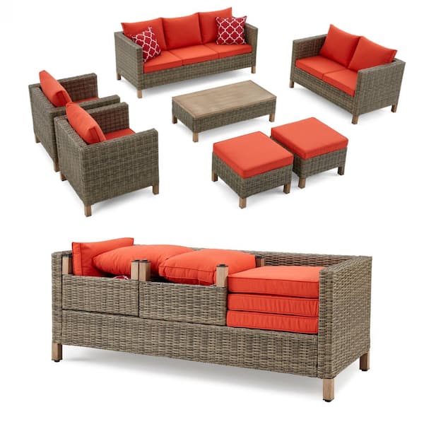 7-Piece Wicker Patio Conversation Set with Orange Cushions