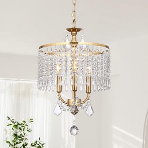 Modern 3-Light Gold Drum Hanging Chandelier with Clear Glass K9 Crystals