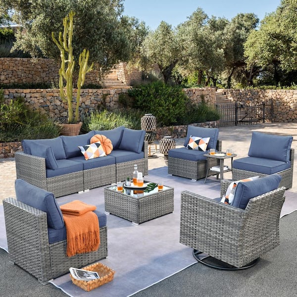 Daffodil F Gray 9-Piece Wicker Outdoor Patio Conversation Set with a Swivel Rocking Chair and Denim Blue Cushions