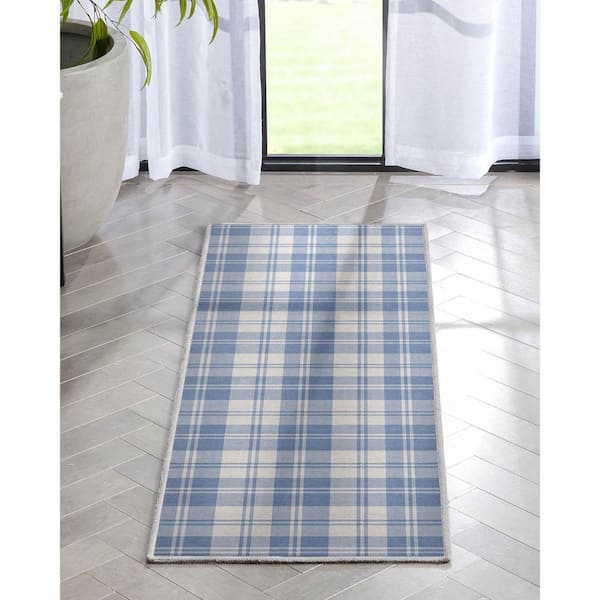 Blue 2 ft. x 5 ft. Runner Apollo Plaid Farmhouse Geometric Area Rug