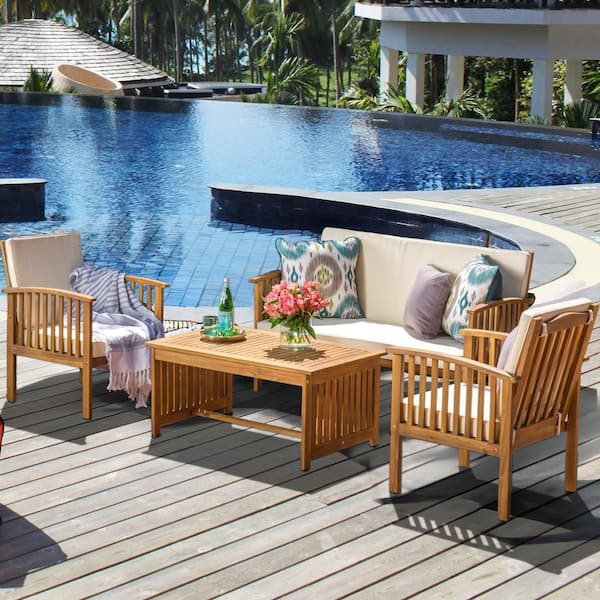 Unbranded Brown 4-Piece Wood Patio Conversation Set with Beige Cushions and Coffee Table