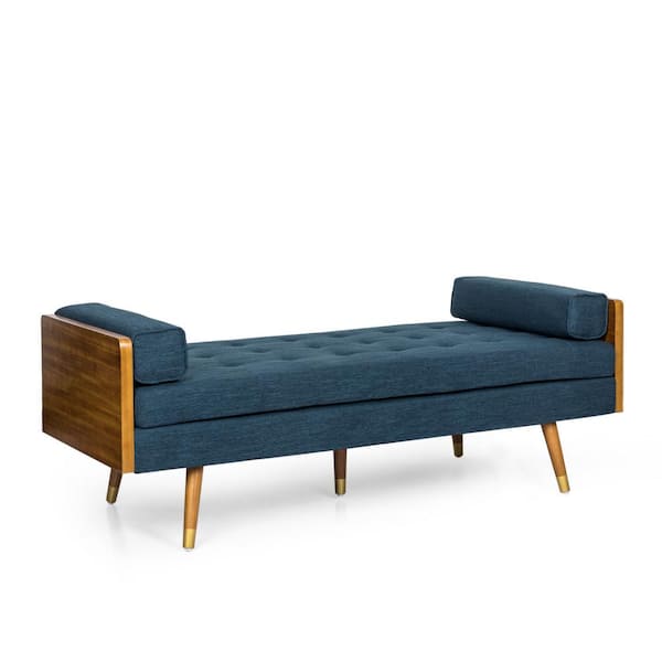 Noble House Jutte Navy Blue and Dark Walnut Tufted Double End Chaise Lounge with Bolster Pillows