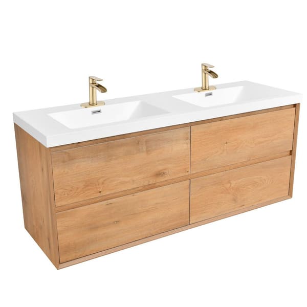 Aeroline 60 in. W x 19.29 in. D x 25.59 in. H Double Sink Float Wood Bath Vanity with White Resin Integral Top Assembled