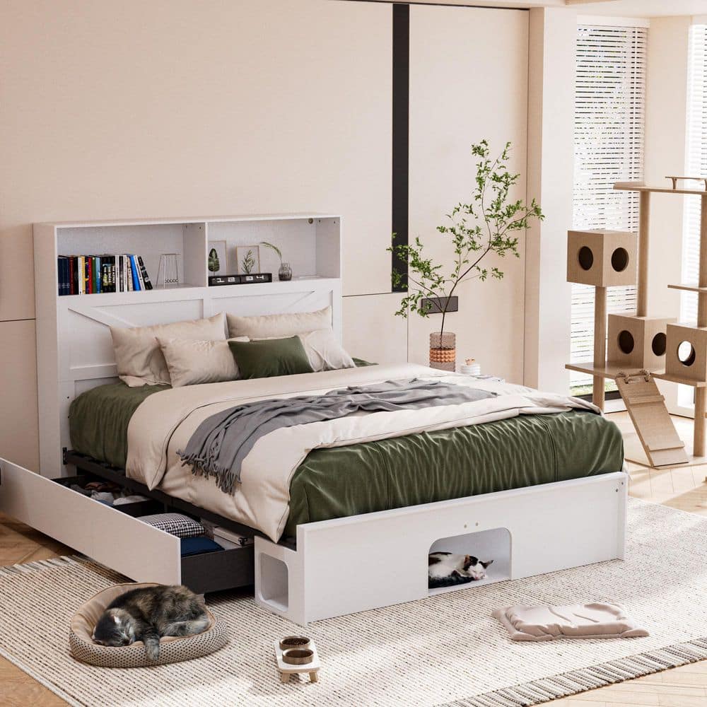 FUFU&GAGA White Wooden Frame Queen Size Platform Bed, Panel Bed