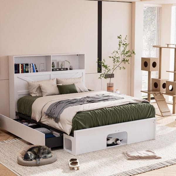 White Wooden Frame Queen Size Platform Bed, Panel Bed with 4 Large Drawers, 2 Open Shelves and Cat Tunnel
