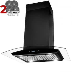 36 in. 343 CFM Convertible Island Mount Range Hood in Black Painted Stainless Steel with Glass and 2 Set Carbon Filter