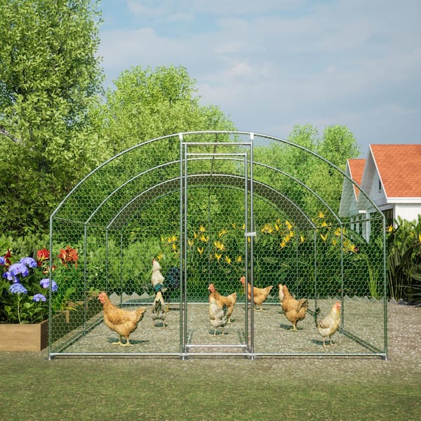 Outdoor Farm White Metal Walk-In Coop Poultry Cage with Waterproof UV Cover, 1in Tube Diameter 9.84' x 19.68' x 6.56'