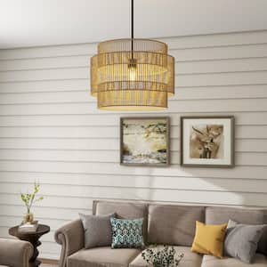 21.6 in. 1-Light Beige Natural Rattan Pendant Light with Black Canopy