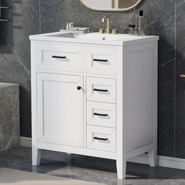 30 in. W x 18 in. D x 35.8 in. H Single Sink Freestanding Bath Vanity in White with White Ceramic Top