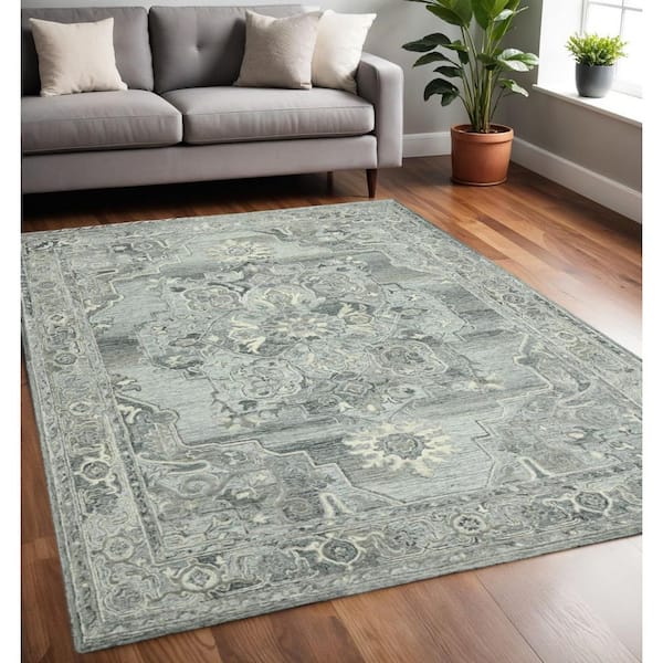 5 ft. x 7 ft. Gray Ivory And Light Blue Wool Oriental Hand Tufted Area Rug