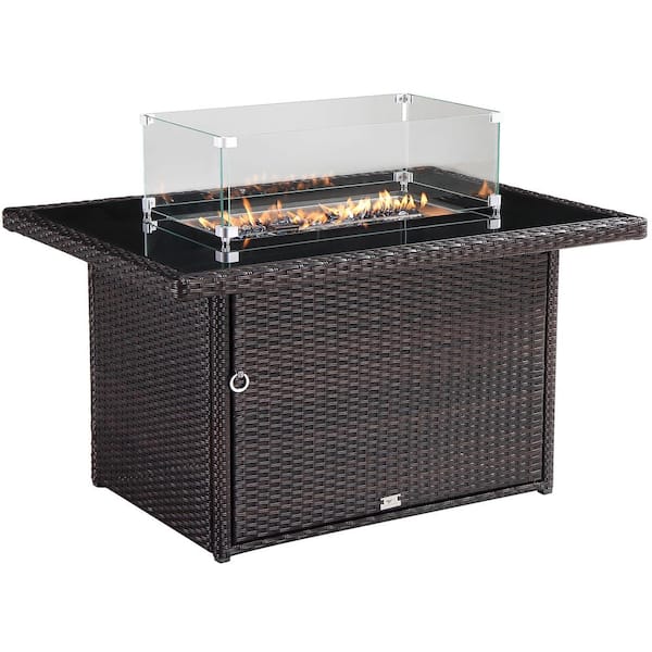 Oakville Furniture 44 in. x 32 in. Outdoor Rectangular Wicker Aluminum Gas Propane Brown Fire Pit Table in Tempered Glass w/Fire Glass