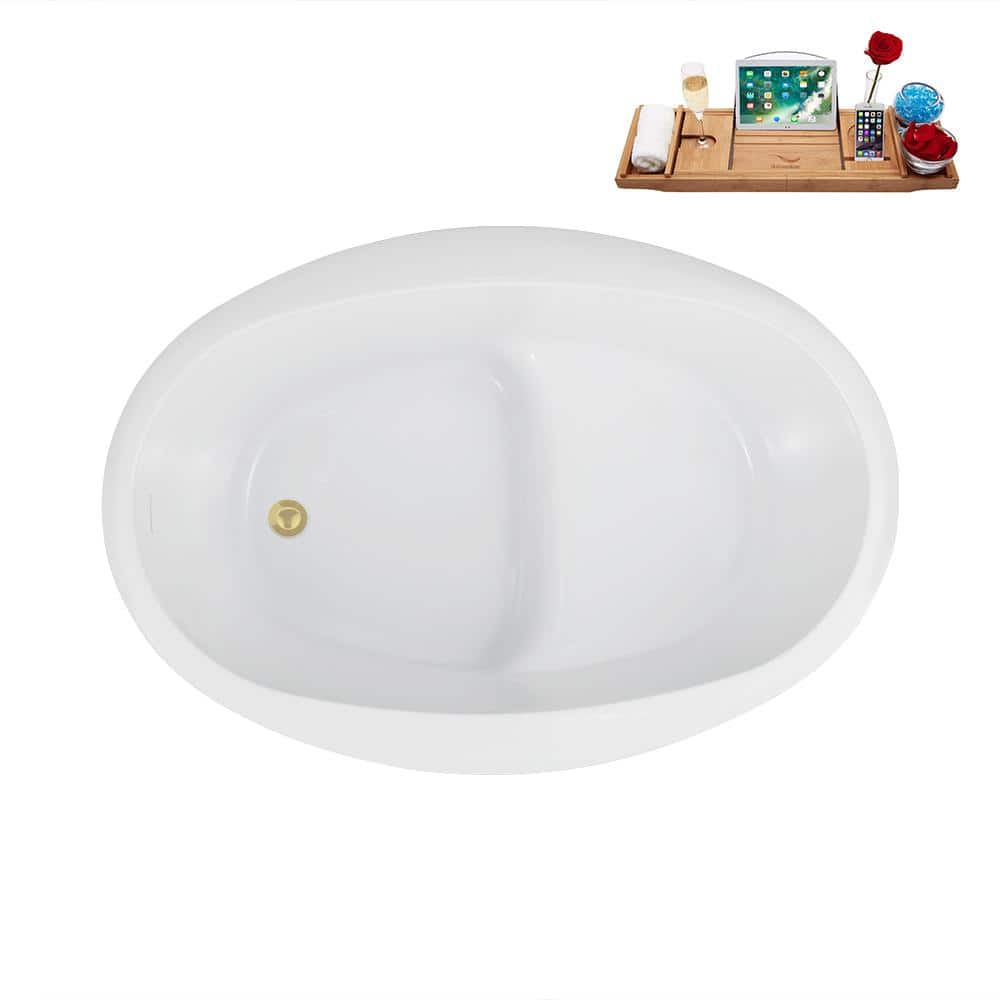 51'' Glossy White Acrylic Freestanding Soaking Bathtub with Polished Brass Drain