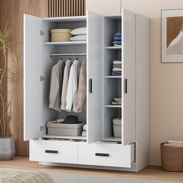 Harper & Bright Designs 3-Doors White 47.2 in. Wood Wardrobe Armoire with Shelves, 2-Drawers, Built-in Hanging Rod