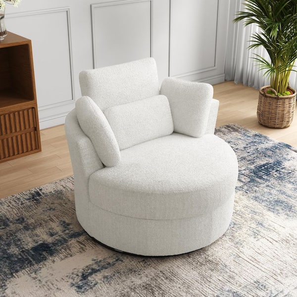 Ivory Boucle Polyester Upholstered 360° Swivel Accent Barrel Chair(Set of 1)