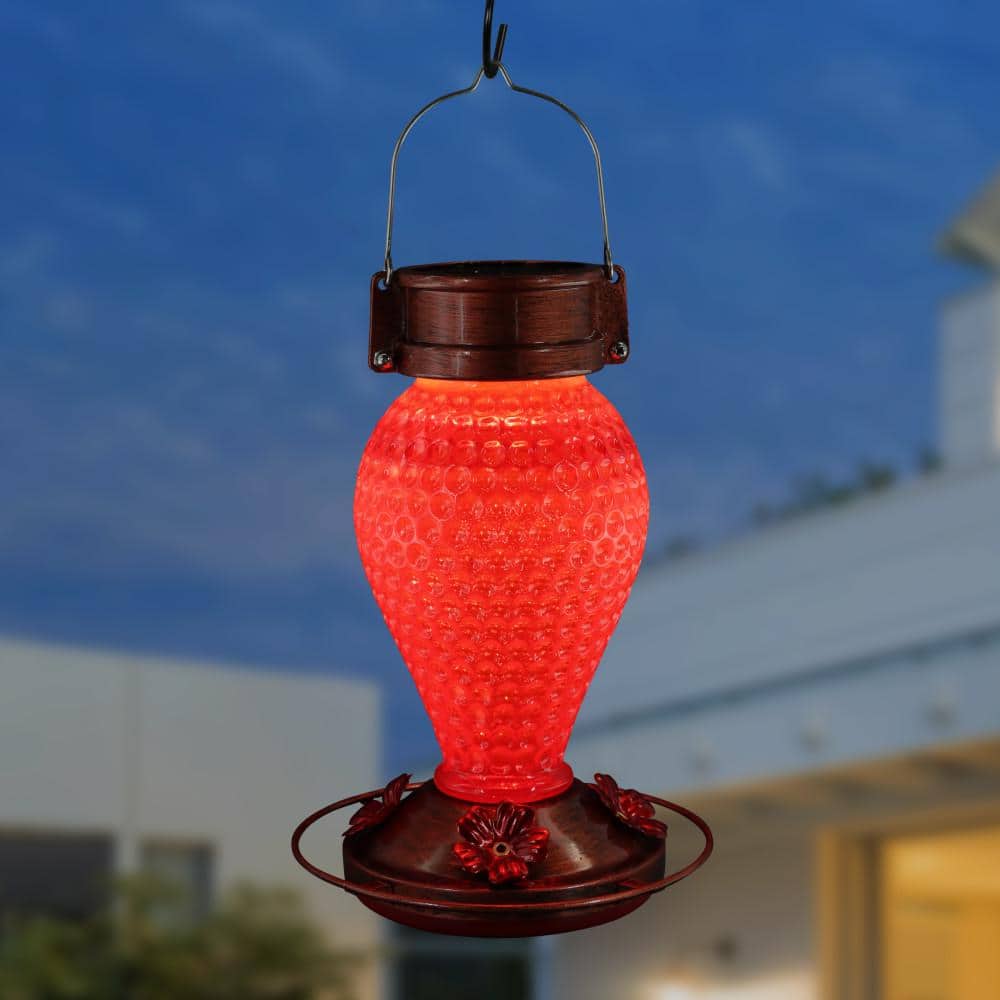 Solar Red Glass and Copper Hanging Hummingbird Feeder