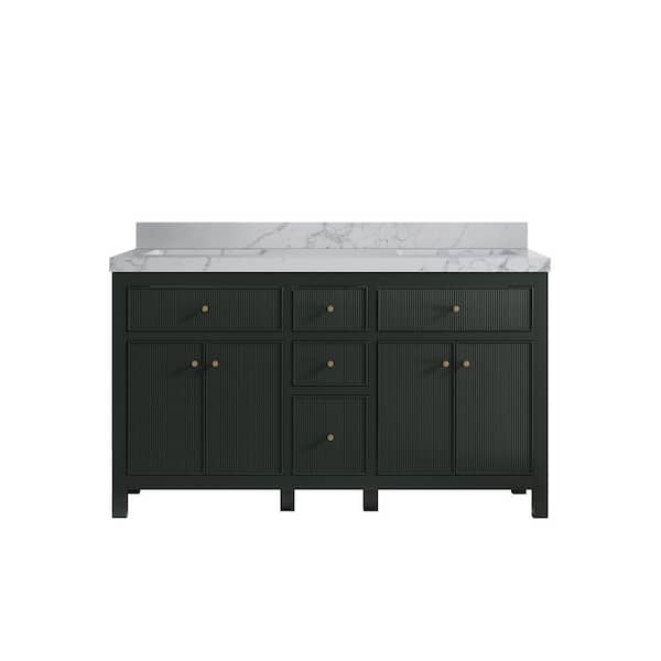 Willow Collections Sonoma 60 in. Double Sink Freestanding Dark Green Bath Vanity with Venatino Quartz Top Unassembled