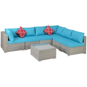 7-Piece Gray Wicker Patio Conversation Sectional Seating Set with 2 Red Pillows and Blue Cushions